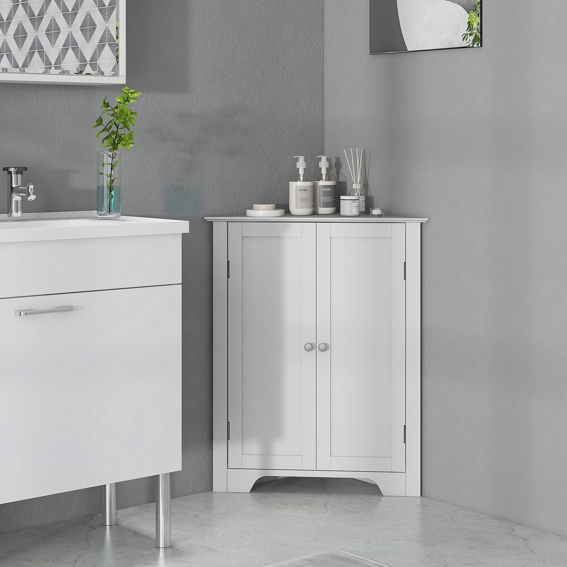 Modern Bathroom Storage Cabinet, Corner Cabinet with Doors, Bathroom Cabinet with Adjustable Shelf and Recessed Door, White