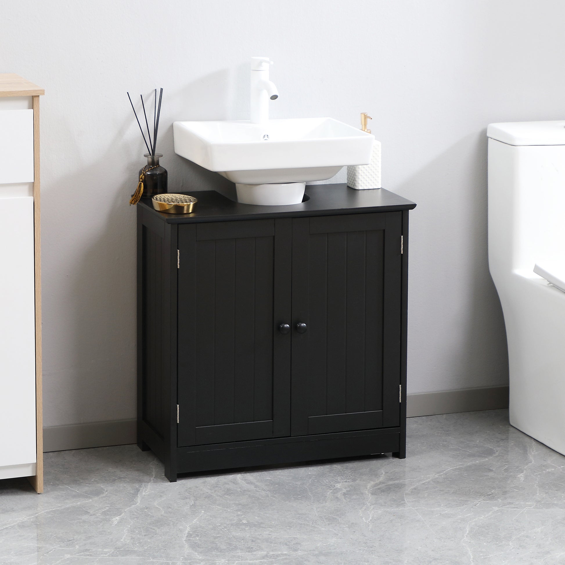 Bathroom Vanity, 24" Pedestal Sink Bathroom Vanity Furniture with 2 Doors and Shelf, Black