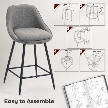 26" Counter Height Barstools Set of 2, Upholstered Swivel Bar Stools with Backrests and Armrests, Dark Grey