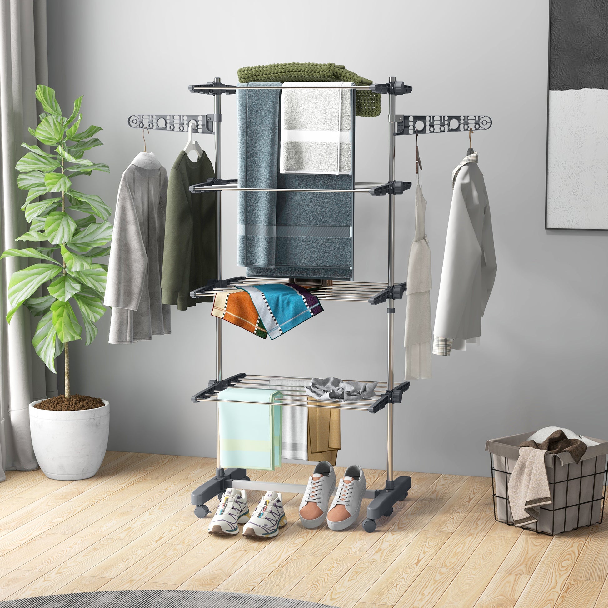 Garment Drying Rack Stainless Steel Folding Clothes Hanging Rack with Side Wings Castors for Indoor Outdoor Grey