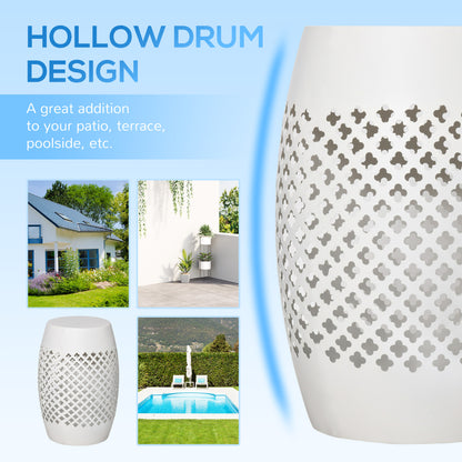 12" Steel Patio End Table, Round Hollow Drum Side Table, Accent Table for Indoor and Outdoor, White
