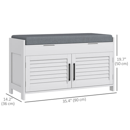 Entryway Bench with Cushion, Hidden Storage, Adjustable Shelves and Shutter Doors, 35.4" Shoe Bench, White