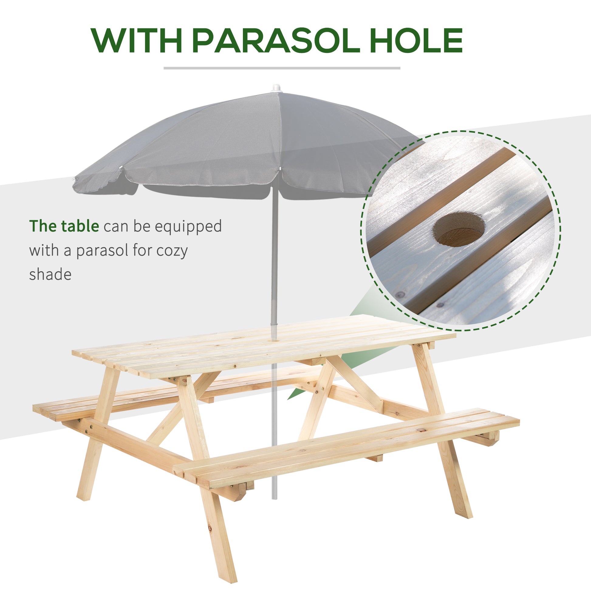 Wood Picnic Table, Camping Table and Bench Set with Umbrella Hole for Outdoor, Garden, Patio, Backyard, Natural