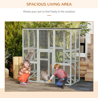 Large Outdoor Catio Enclosure, Weatherproof Cat House with Asphalt Roof, Wooden Cat Patio Cage with 6 Balanced Platforms, 71" x 39" x 71", Grey