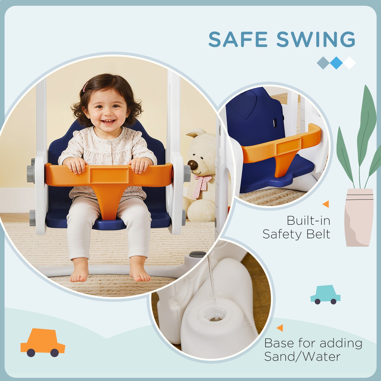 Qaba 6-in-1 Slide and Swing Set Baby Swing Playset Indoor with Basketball Hoop, Climber, Storage Space, Telescope, Orange