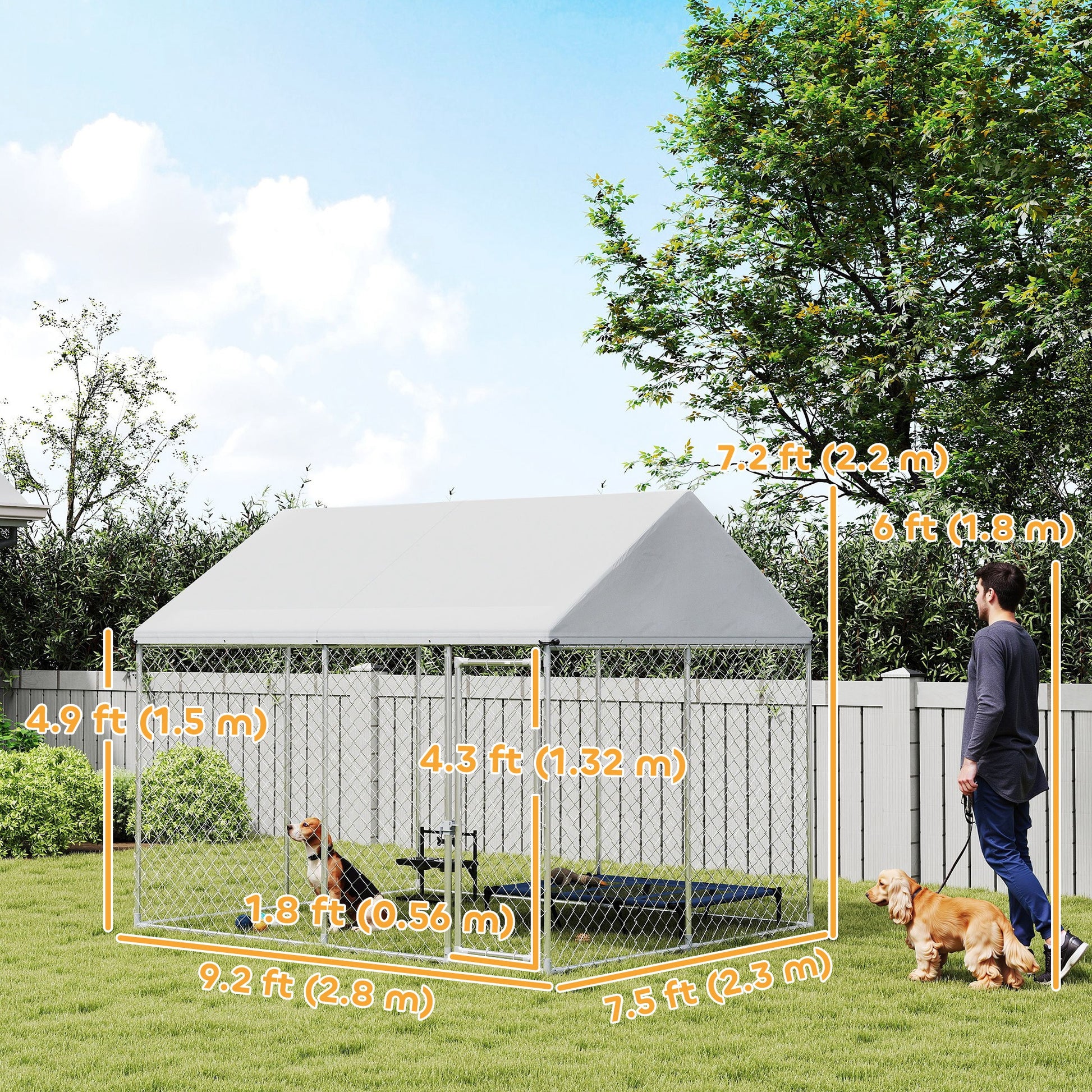 Heavy Duty Galvanized Steel Outdoor Dog Kennel with Waterproof Roof, Safety Lockable Latch System, 9.2' x 7.5' x 7.2'