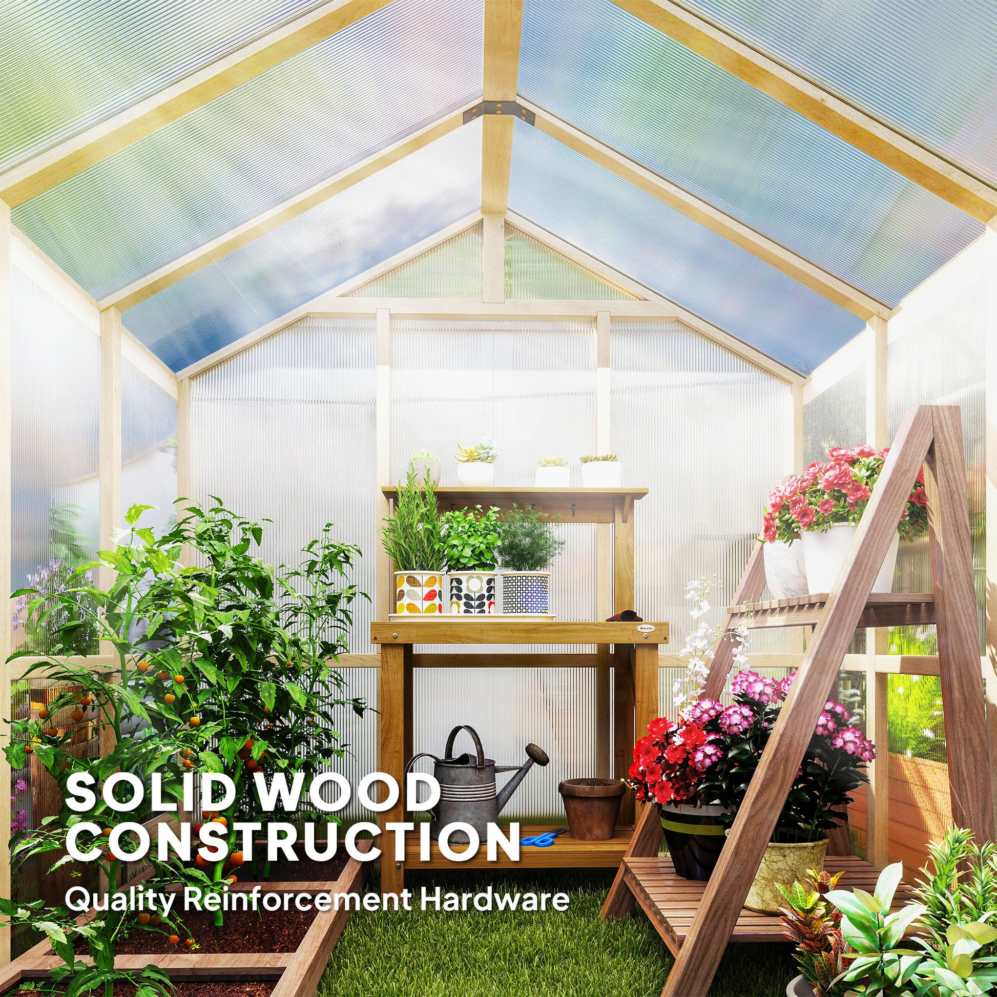 6.6 x 6ft Polycarbonate Greenhouse Wooden Green House with Thickened Polycarbonate Sheets, Lockable Door, Brown