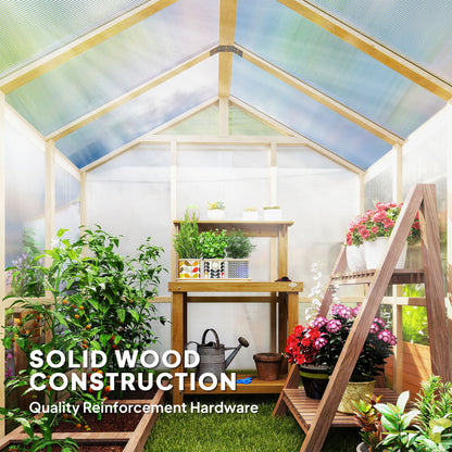 6.6 x 6ft Polycarbonate Greenhouse Wooden Green House with Thickened Polycarbonate Sheets, Lockable Door, Brown