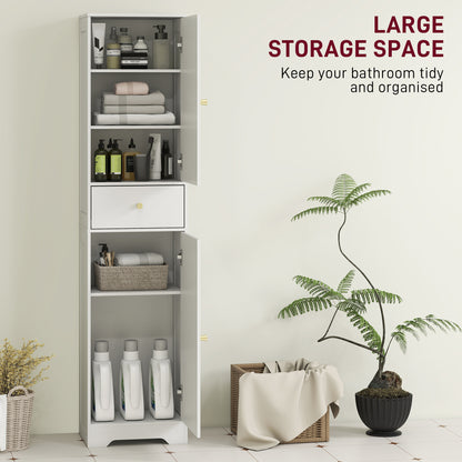 67" Tall Bathroom Cabinet, Slim Bathroom Storage Cabinet with 2 Doors, Drawer and Adjustable Shelf, White Wood Grain