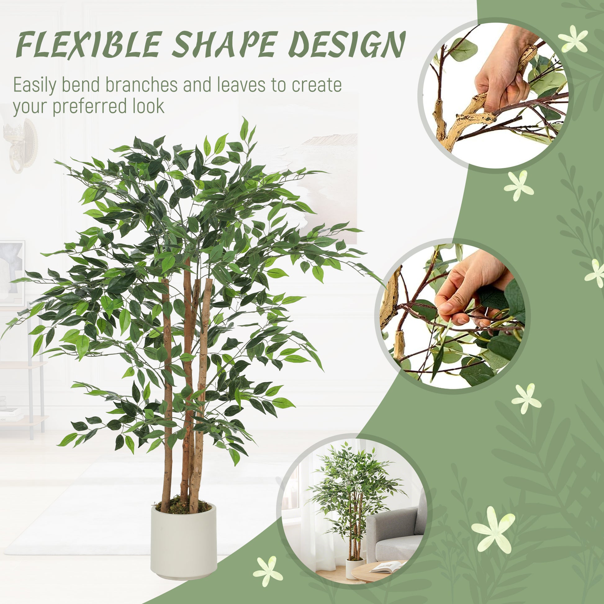 4FT Artificial Banyan Tree Set of 2, Fake Potted Tree with Solid Wood Trunk and Pot for Indoor