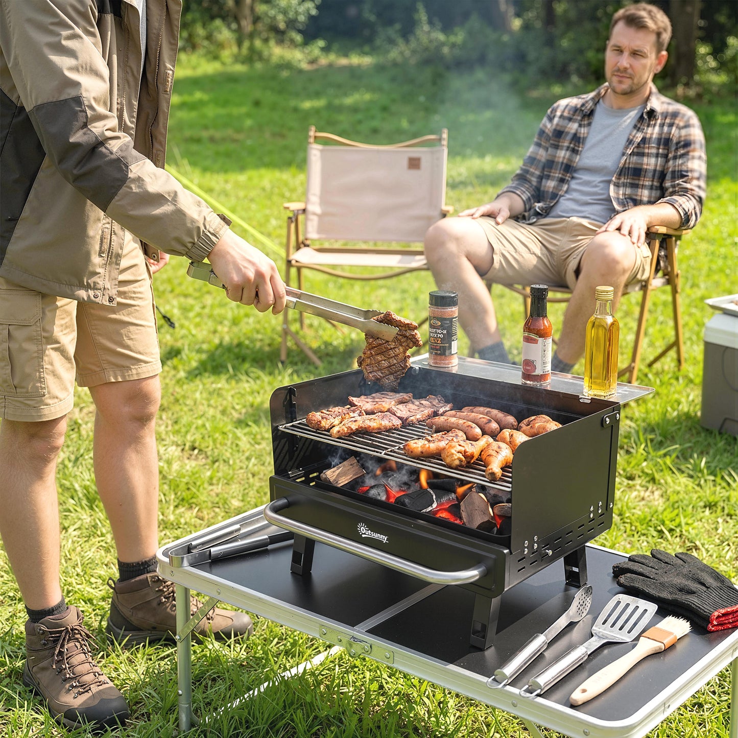 Charcoal BBQ Grill, Portable Barbecue Grill with Adjustable Grates, Foldable Legs, Side Shelf for Camping Travel, Black