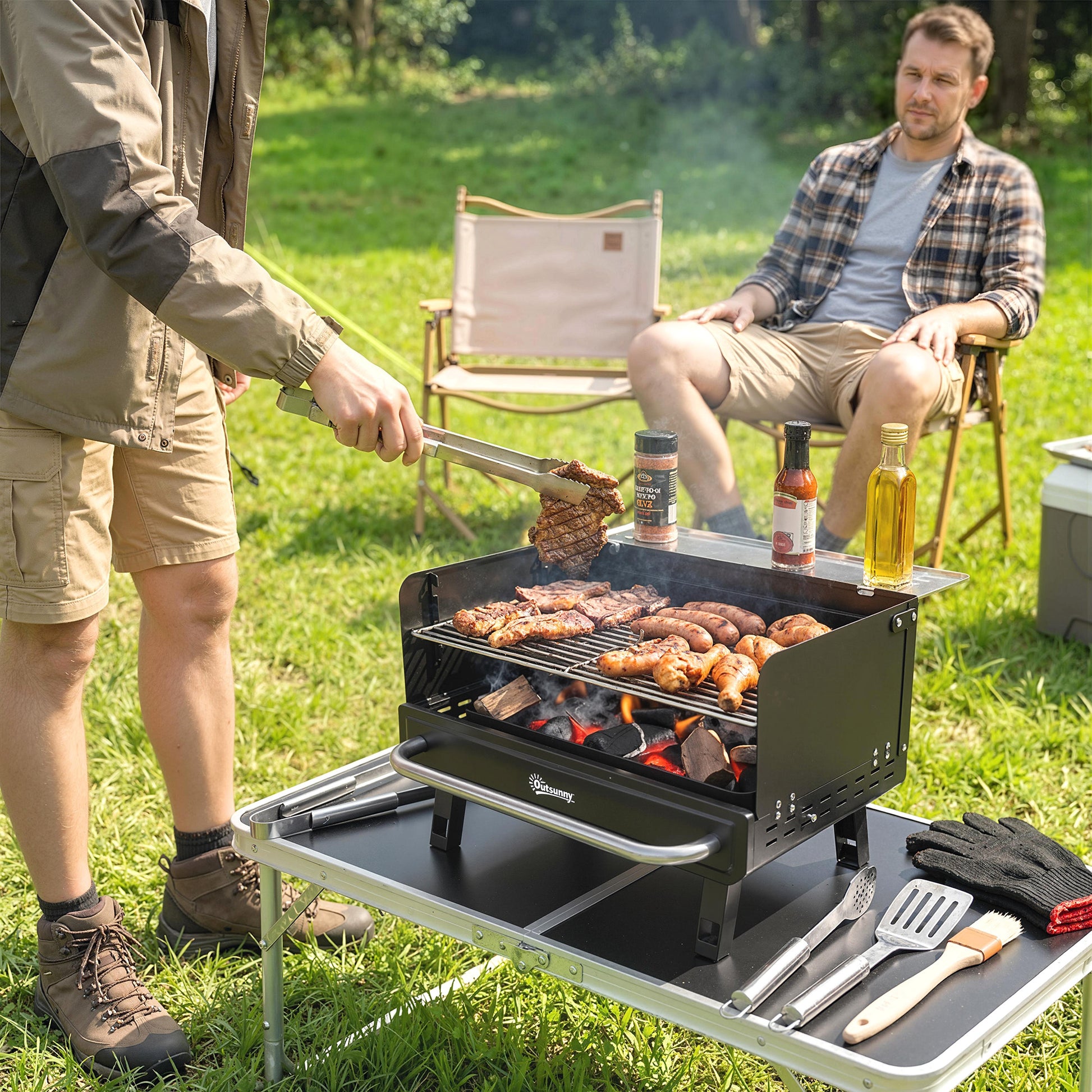Charcoal BBQ Grill, Portable Barbecue Grill with Adjustable Grates, Foldable Legs, Side Shelf for Camping Travel, Black