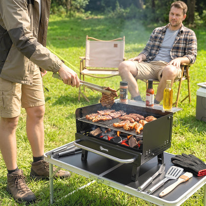 Charcoal BBQ Grill, Portable Barbecue Grill with Adjustable Grates, Foldable Legs, Side Shelf for Camping Travel, Black