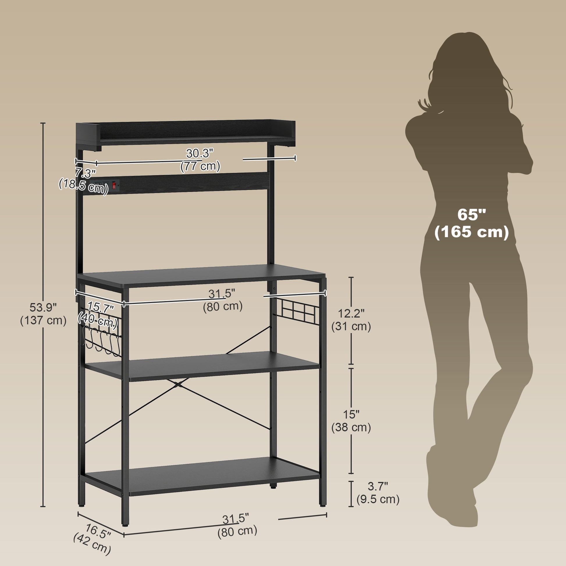 Kitchen Baker's Rack with Power Outlet, Coffee Bar Station with Adjustable Shelves and Hooks, Distressed Black