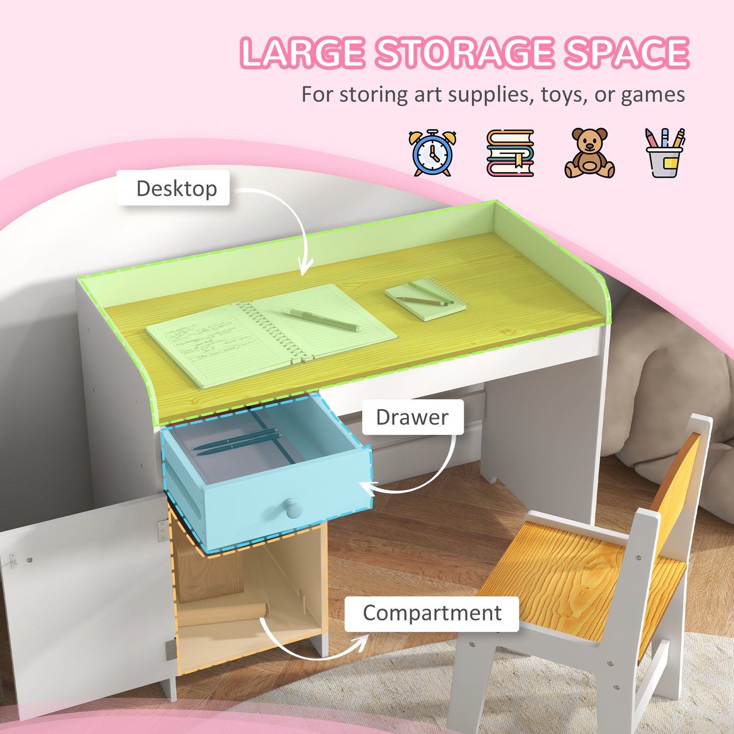 Qaba Kids Desk and Chair Set for 3-6 Year Old with Storage Drawer, Study Table and Chair for Children, White