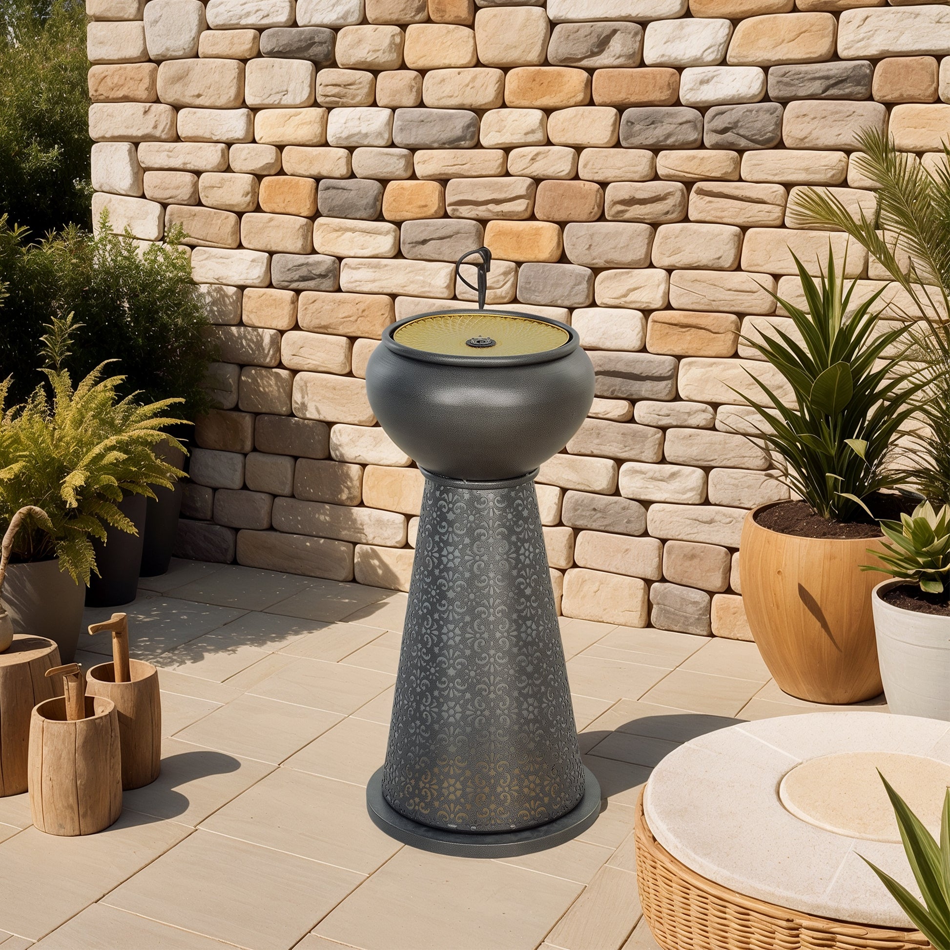 28" Tall Outdoor Water Fountain with LED Lights, Bowl Garden Waterfall Fountain with Adjustable Flow, Outdoor Water Feature with Cut-out Floral Base, Dark Grey and Yellow