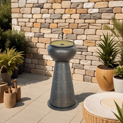 28" Tall Outdoor Water Fountain with LED Lights, Bowl Garden Waterfall Fountain with Adjustable Flow, Outdoor Water Feature with Cut-out Floral Base, Dark Grey and Yellow