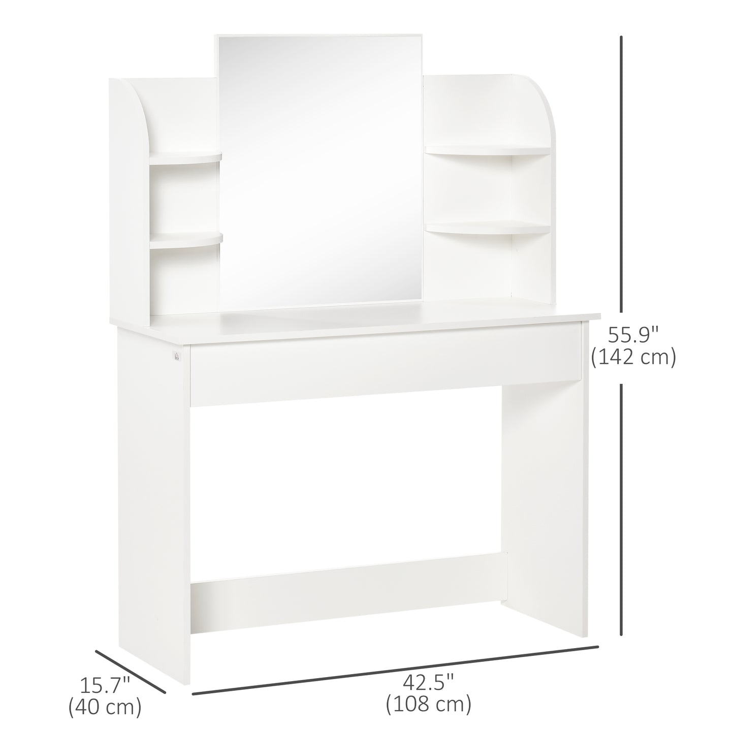 Vanity Desk with Mirror, Makeup Vanity with Open Shelves and Drawer, Dressing Table for Bedroom, White
