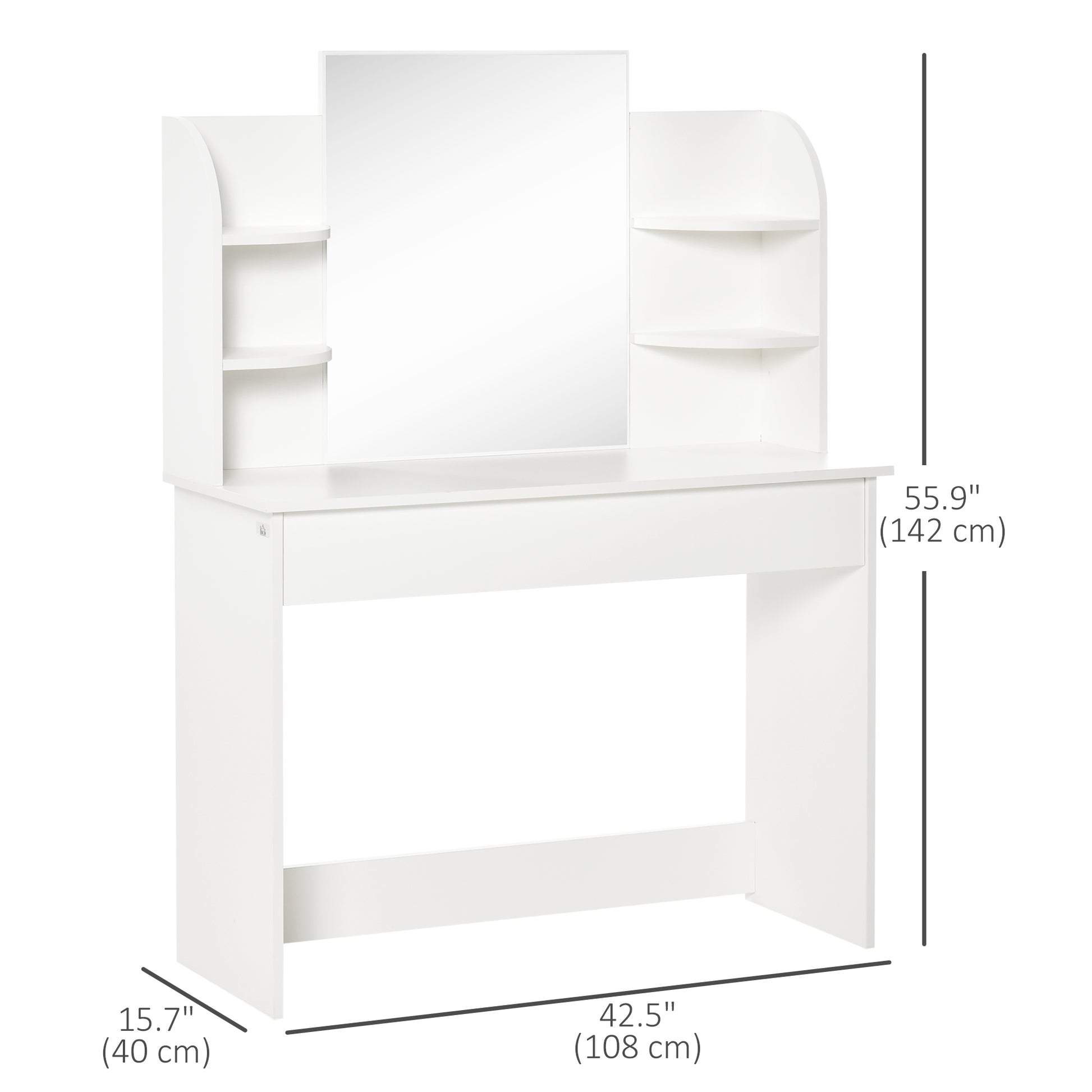Vanity Desk with Mirror, Makeup Vanity with Open Shelves and Drawer, Dressing Table for Bedroom, White