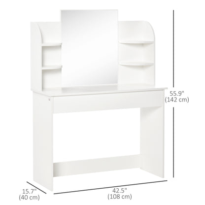 Vanity Desk with Mirror, Makeup Vanity with Open Shelves and Drawer, Dressing Table for Bedroom, White