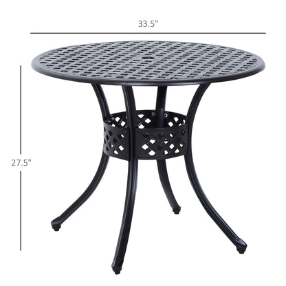 33-Inch Roud Patio Dining Table with Umbrella Hole, Cast Aluminum Garden Table, All Weather Patio Bisto Table, for Lawn, Garden, Outside, Black