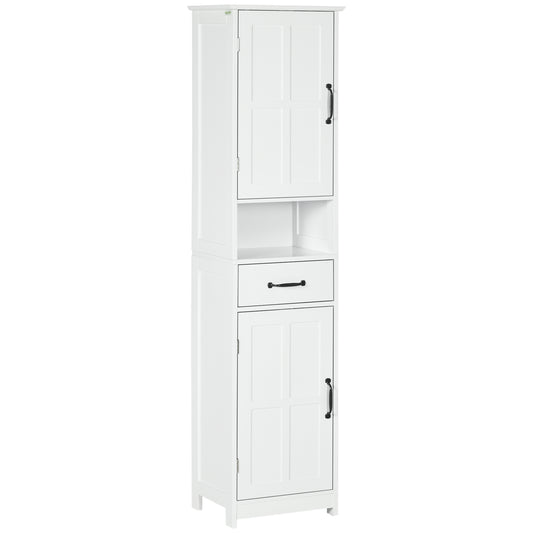 Modern Bathroom Cabinet, Narrow Bathroom Vanities with Open Shelf Drawer Recessed Doors and Adjustable Shelves White