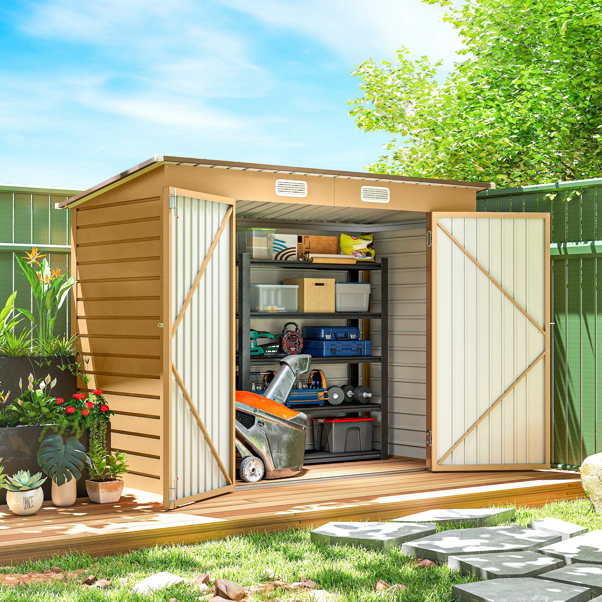 8 x 4FT Galvanized Garden Storage Shed, Metal Outdoor Shed with Double Doors and 2 Vents, Yellow