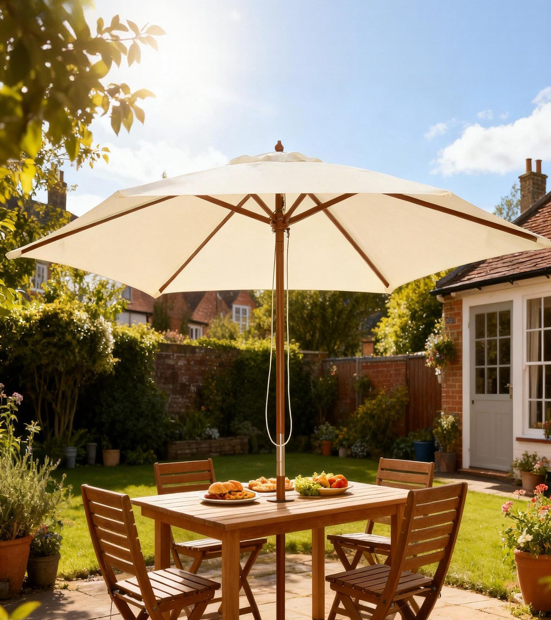 8FT Wood Market Umbrella Patio Umbrella Round Garden Parasol Canopy with Bamboo Ribs and Top Vent, Cream White
