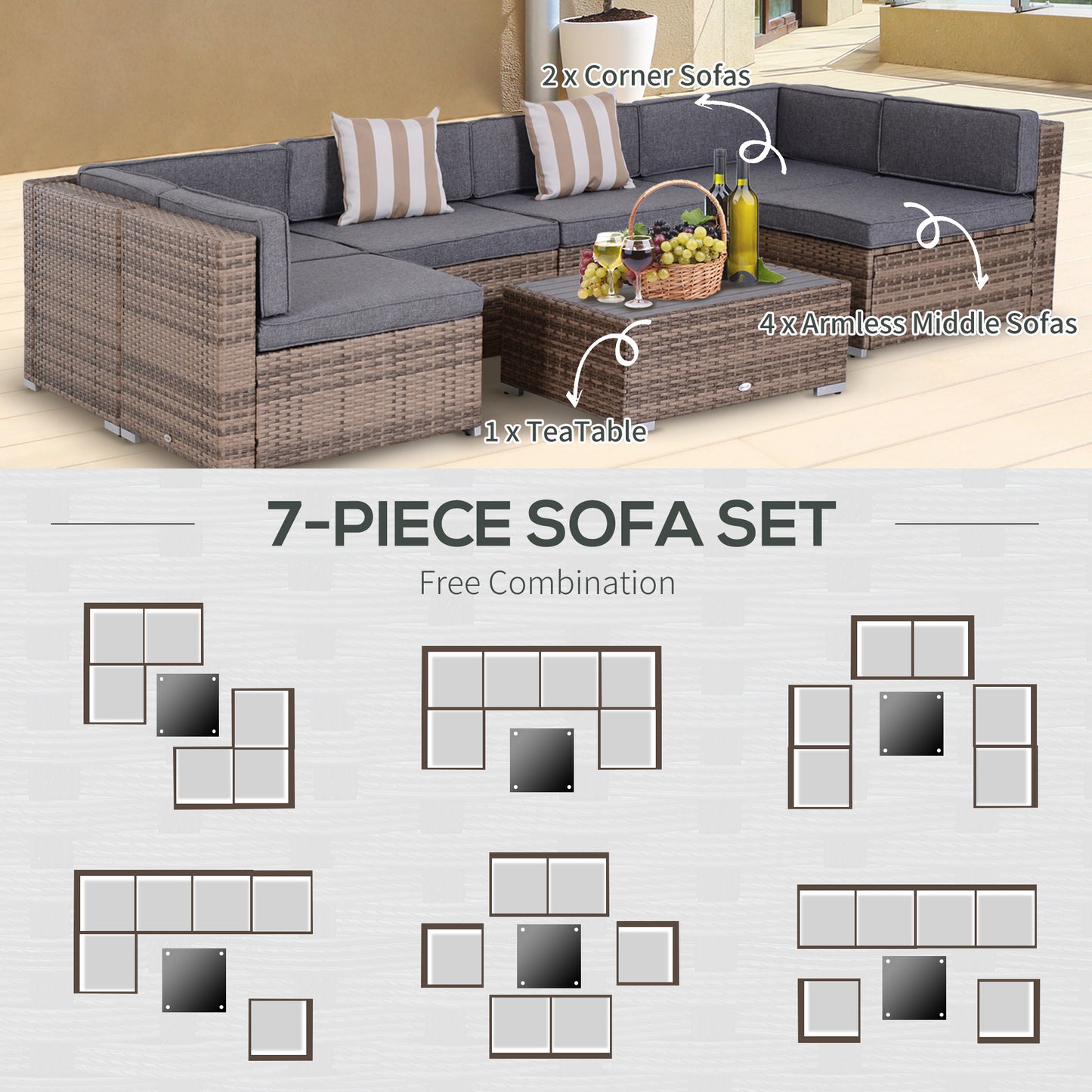 7 Pieces Patio Furniture Set, Rattan Conversation Set Garden Wicker Sofa Set with Washable Cushions and Coffee Table, All Weather PE Rattan Sectional Sofa, Grey