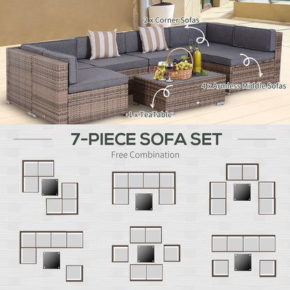 7 Pieces Patio Furniture Set, Rattan Conversation Set Garden Wicker Sofa Set with Washable Cushions and Coffee Table, All Weather PE Rattan Sectional Sofa, Grey