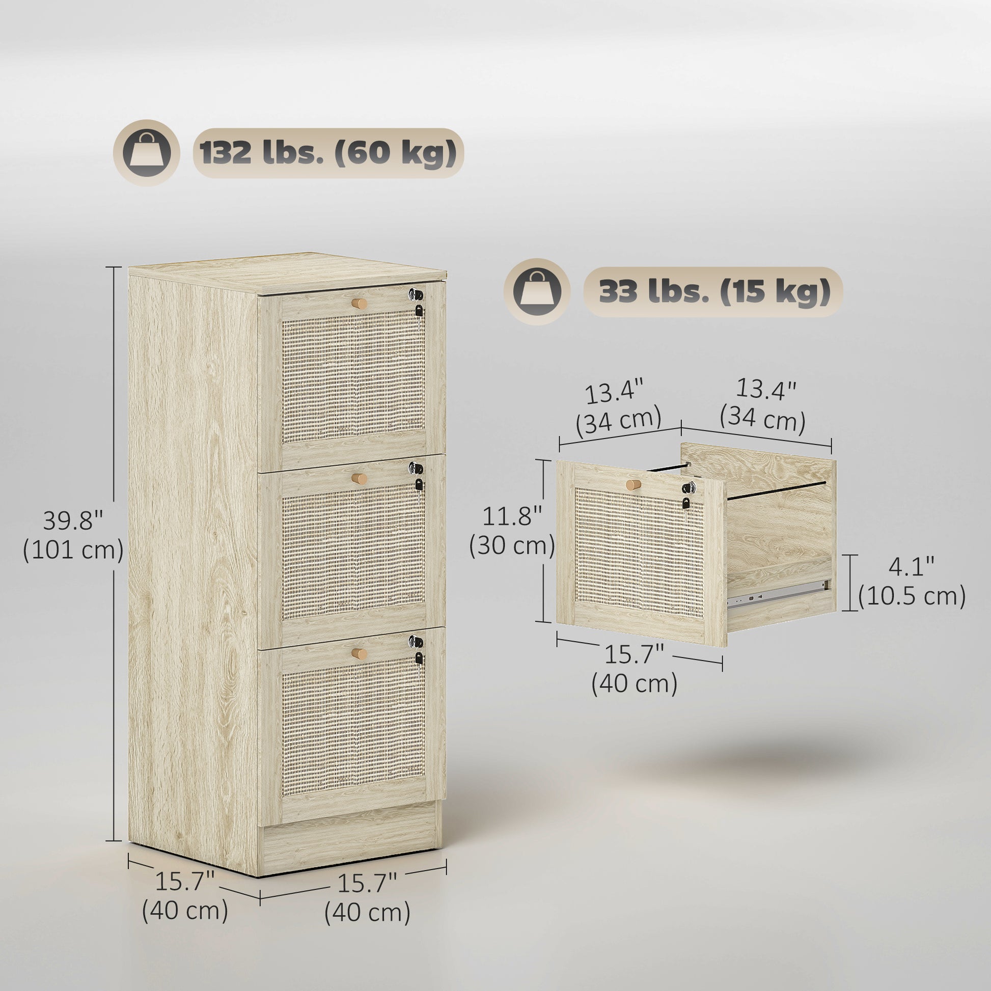 3 Drawer Filing Cabinet with Lock, Boho File Cabinet for A4 Letter Size Files with Decorative Rattan Accents, Oak