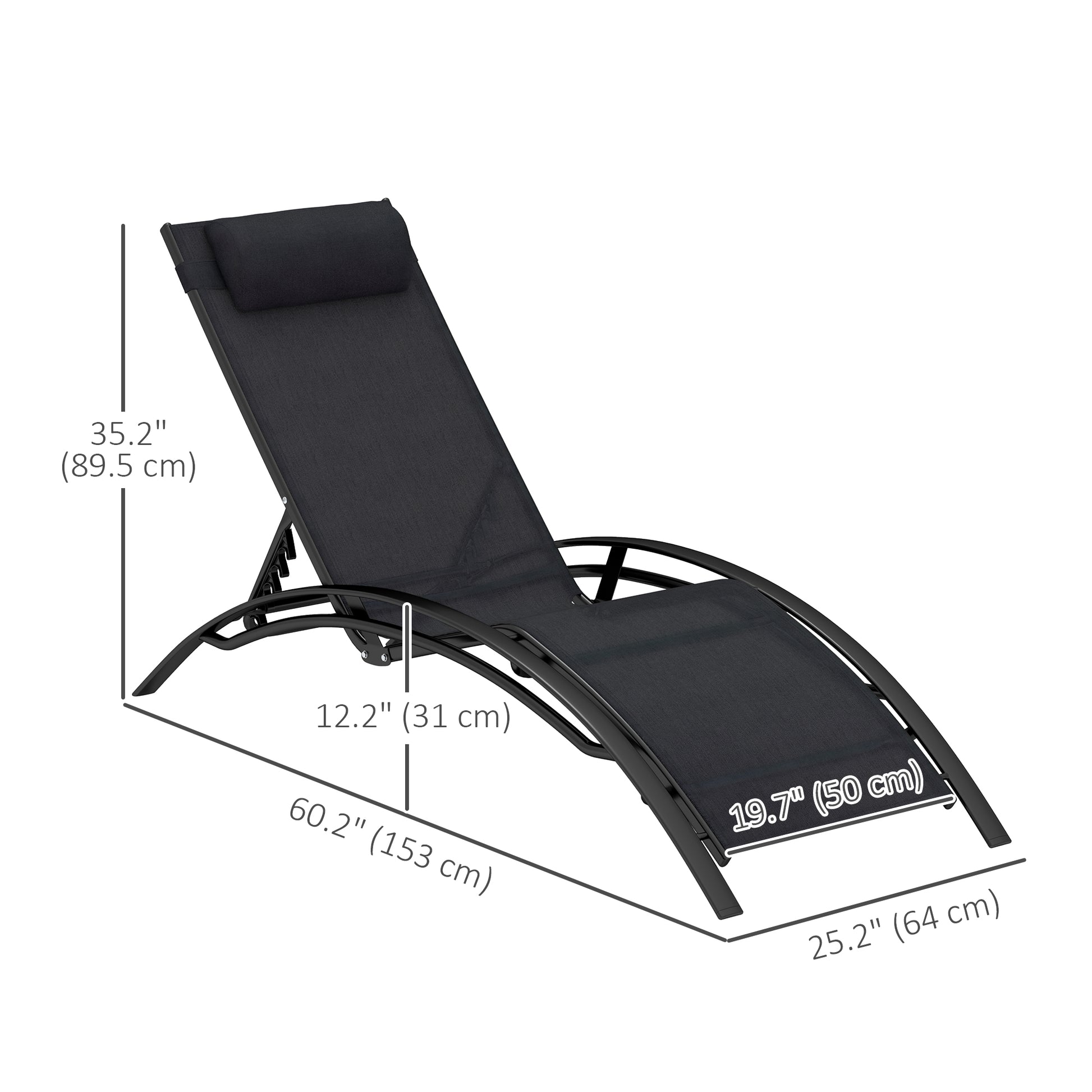 Patio Lounge Chair, Aluminum Reclining Outdoor Tanning Chair with 5-Level Adjustable Backrest, Head Pillow and Breathable Mesh Fabric, for Pool, Deck, Garden, Black