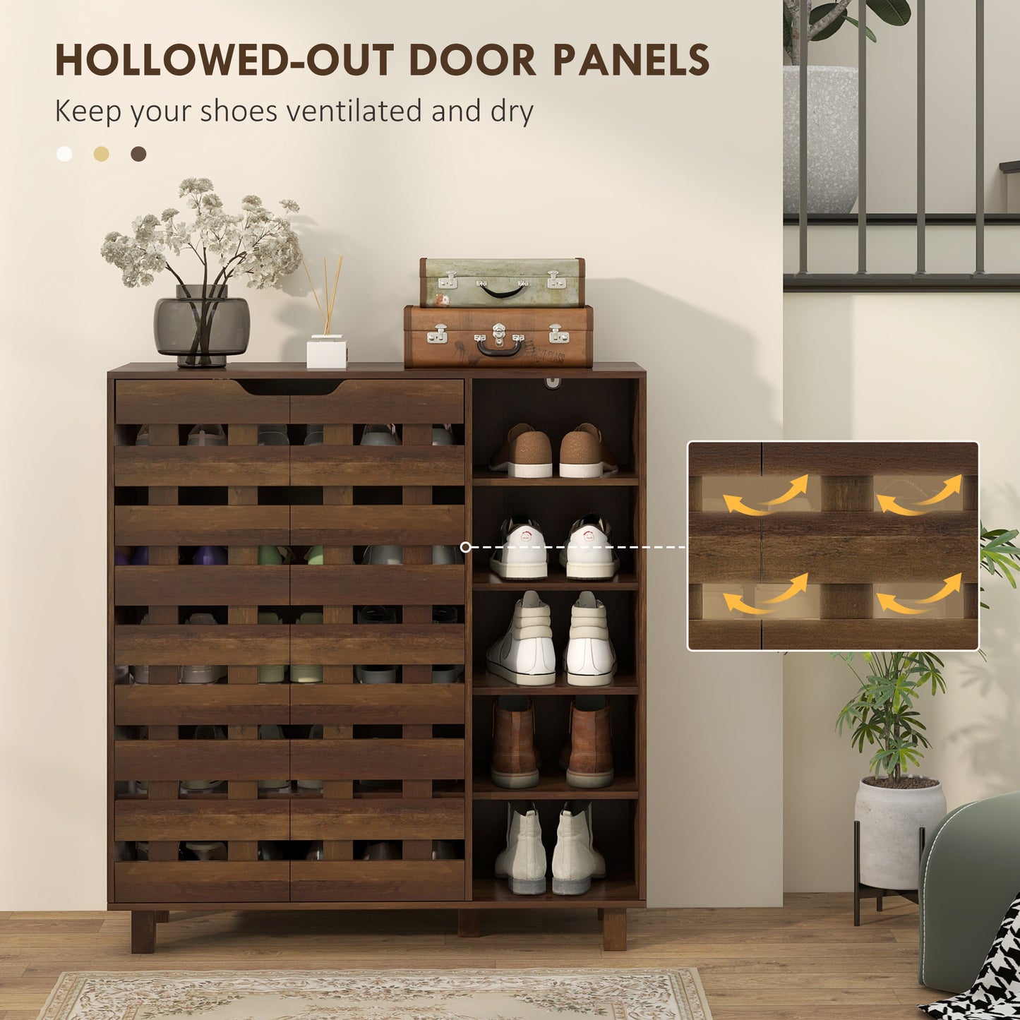 Shoe Cabinet, 21 Pair Shoe Storage Cabinet Organizer with 5-tier Double Door Cupboard and 5-tier Open Shelves, Brown