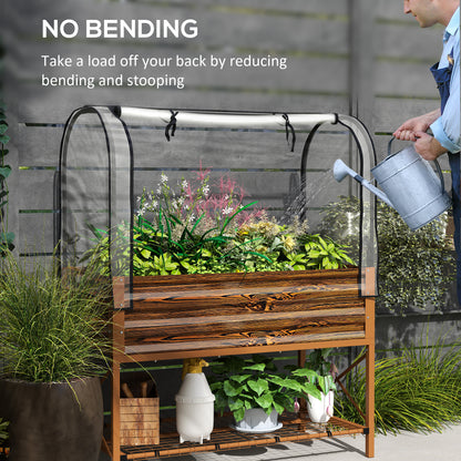 Raised Garden Bed with Cover, Metal Elevated Planter Box with Bottom Shelf and Liner, Dark Brown Wood Effect