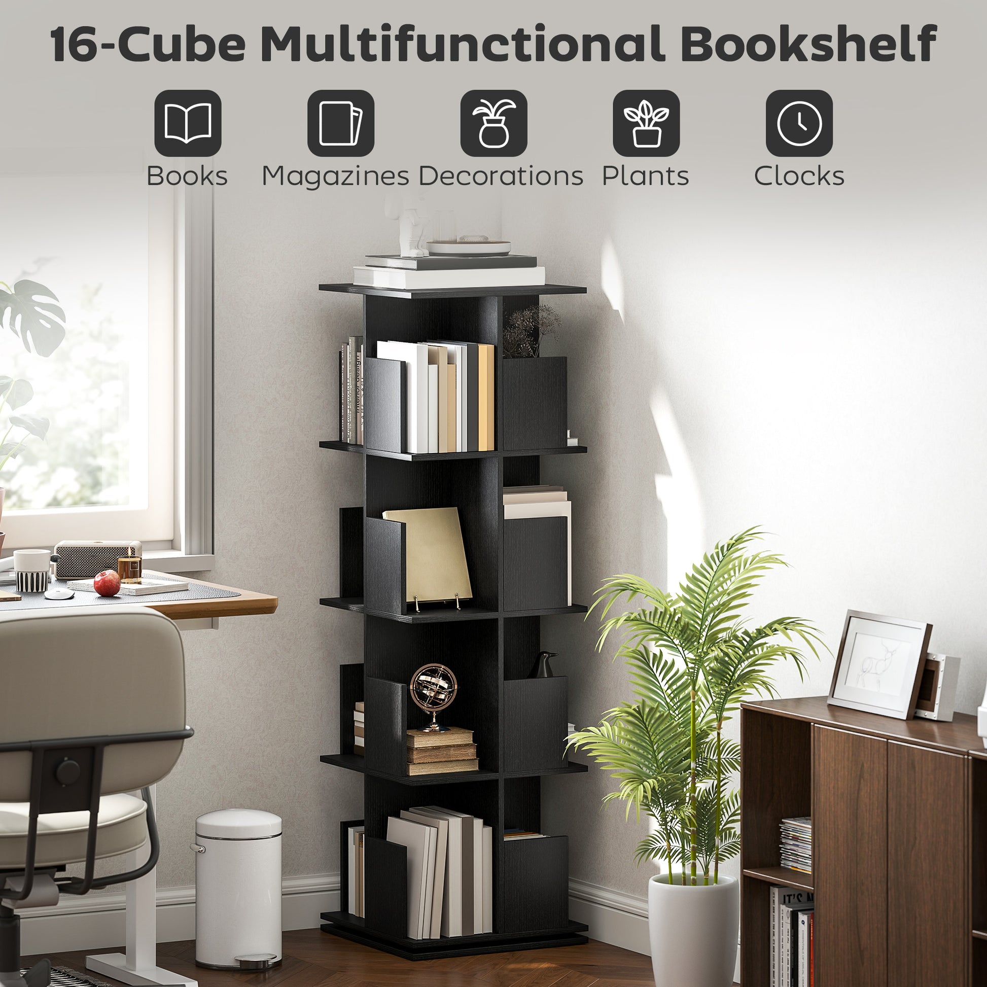 360° Rotating Bookcase with Anti-Tipping Straps, Anti-Slip Foot Pads, 4 Tier Bookshelf with 16 Cubbies for Books, Plants, Decorations, Black