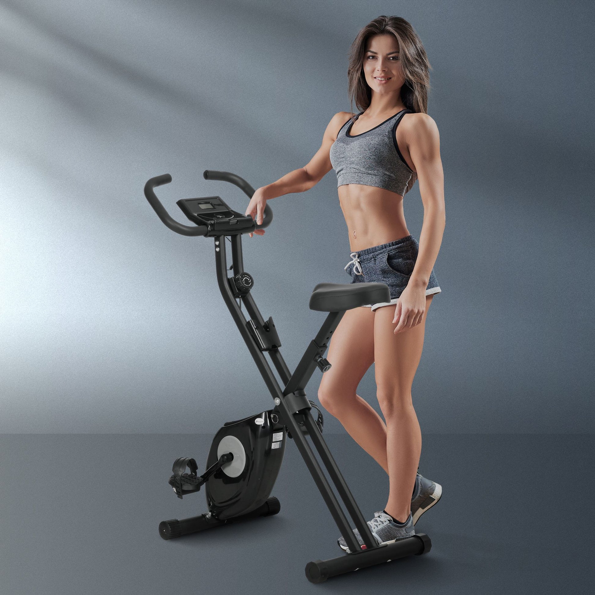Soozier Foldable Exercise Bike Indoor Stationary Bike w/ 8-Level Magnetic Resistance LCD Screen Phone Holder for Home Gym Black