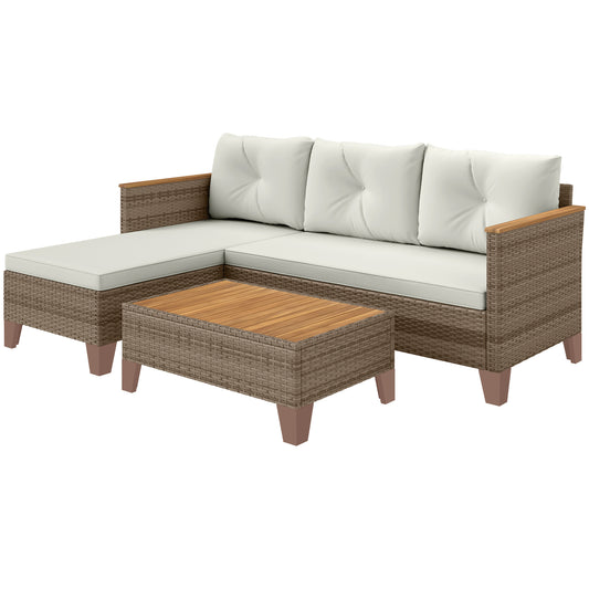 3 Piece Patio Furniture Set, L-Shaped Outdoor Furniture Conversation Set with Wood Top Coffee Table, Cream