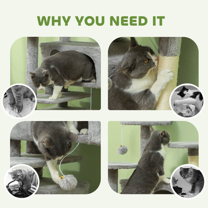 54" Cat Tree, Multi-Level Cat Tower with Scratching Posts, Cat Condos, Bed, Platforms, Ramp, Toy Ball, Light Grey