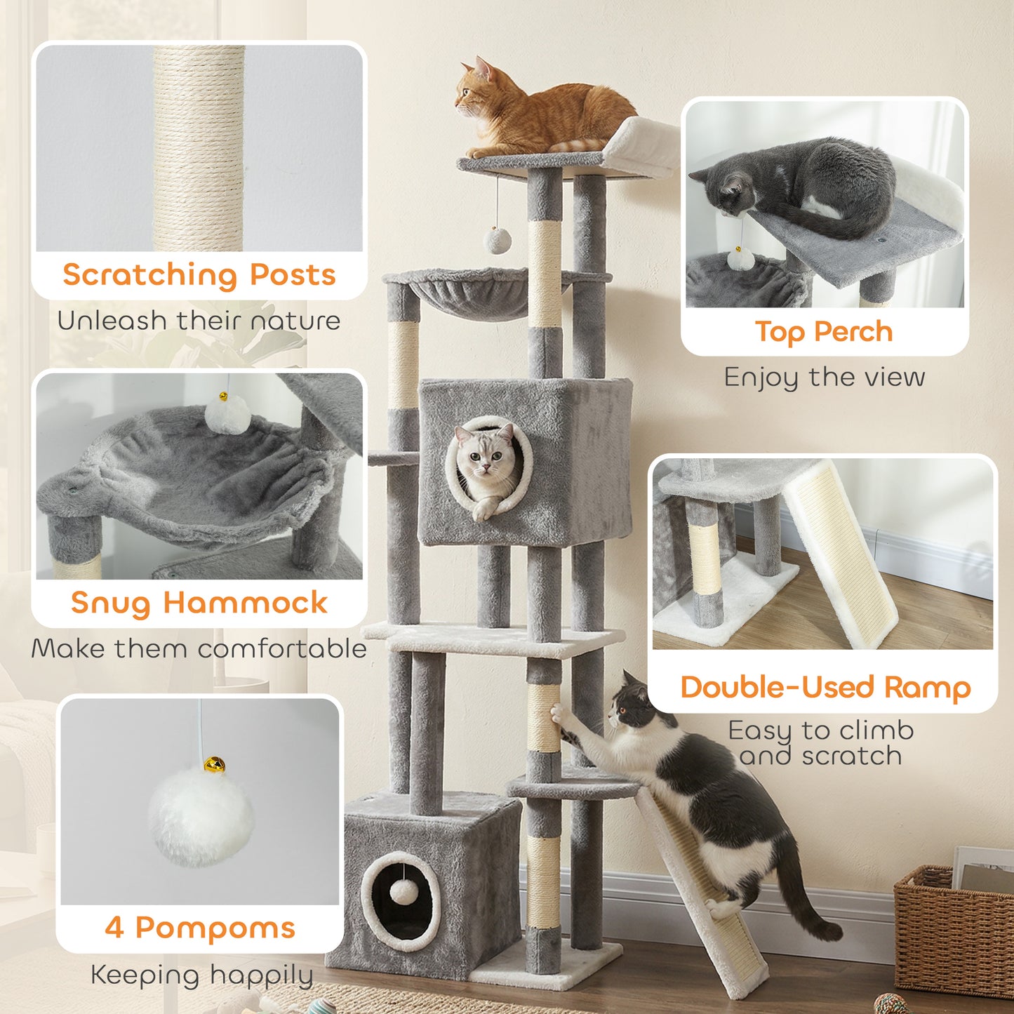 65 Inch Cat Tree with 2 Doors Condos, Plush Top Perch, Hammock, Sisal Scratching Posts, 4 Pompoms, Ramp, Grey