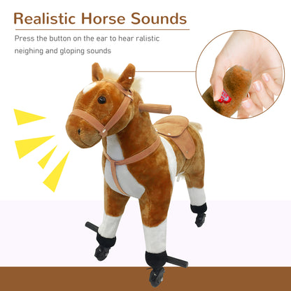 Qaba Kids Rocking Horse, Large Walking Ride on Toy for Toddlers 3 year old, Baby Plush Animal Rocker with Sound and Wheel, Brown