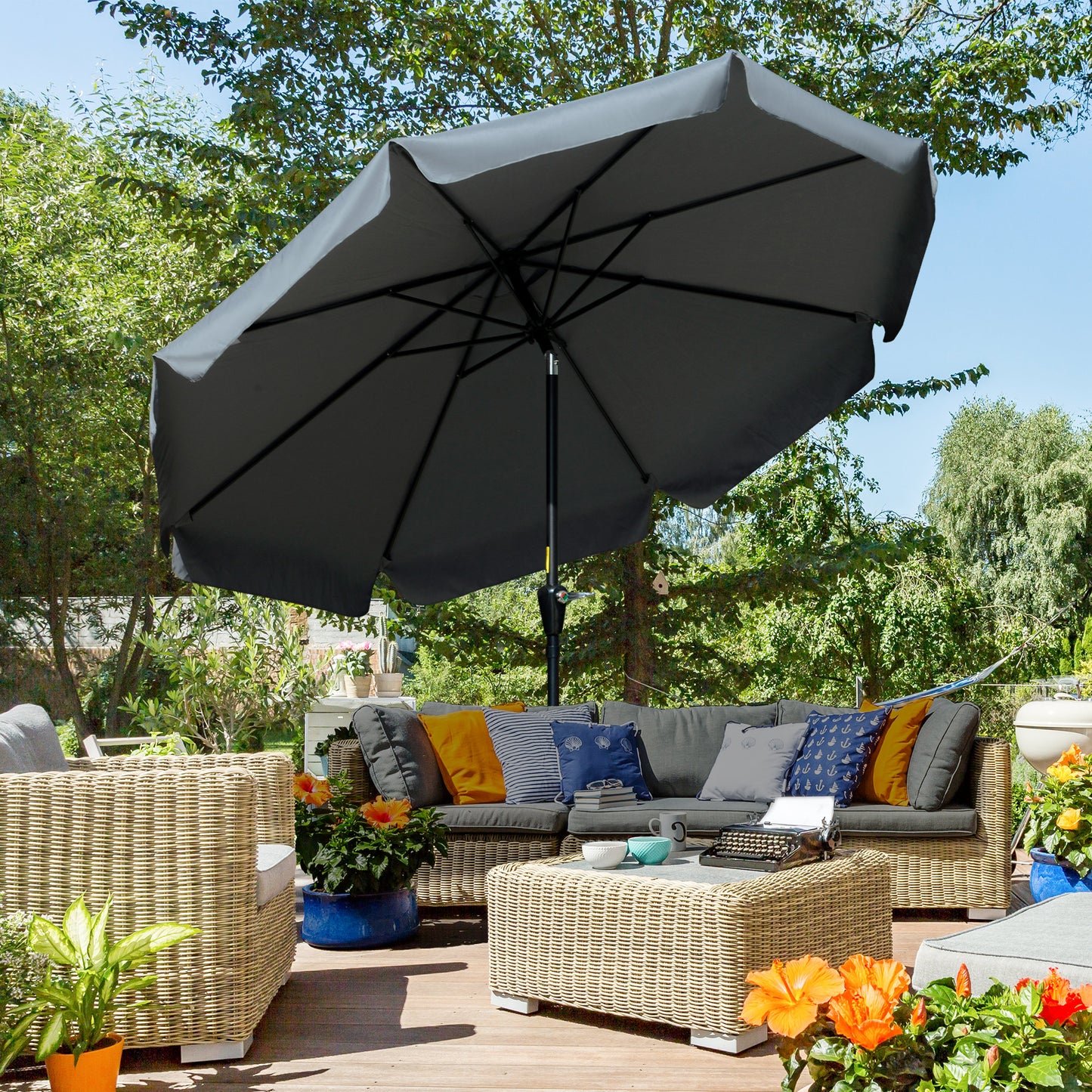 8.5 ft Outdoor Market Table Umbrella, Round Patio Umbrella with Tilt and Crank for Garden, Backyard, Deck, Dark Grey