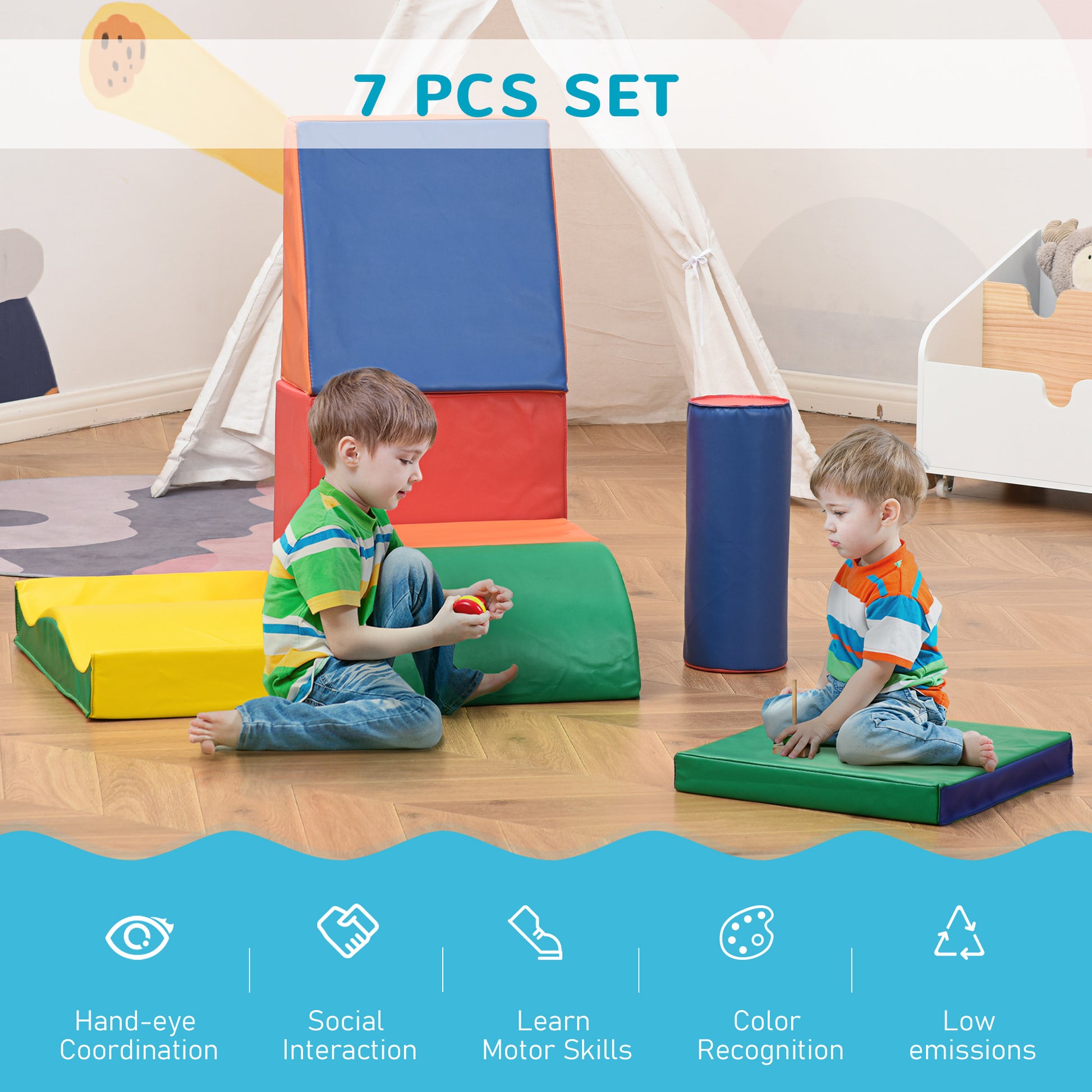Soozier 7 Pieces Soft Play Foam Climbing Blocks, Indoor Modular Kids Play Toys for Climbing, Crawling, Sliding, Multicolour