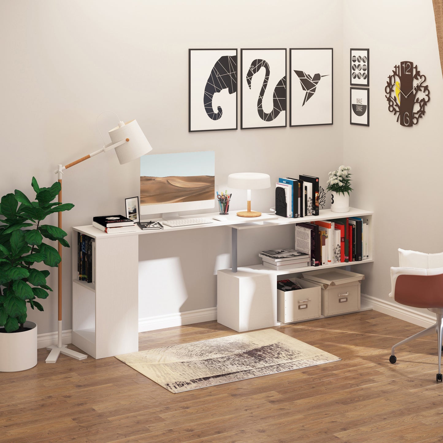 55" Corner Computer Desk, 360° Rotating L-Shaped Desk, Home Office Workstation with 3-Tier Shelves, Bookshelf, White