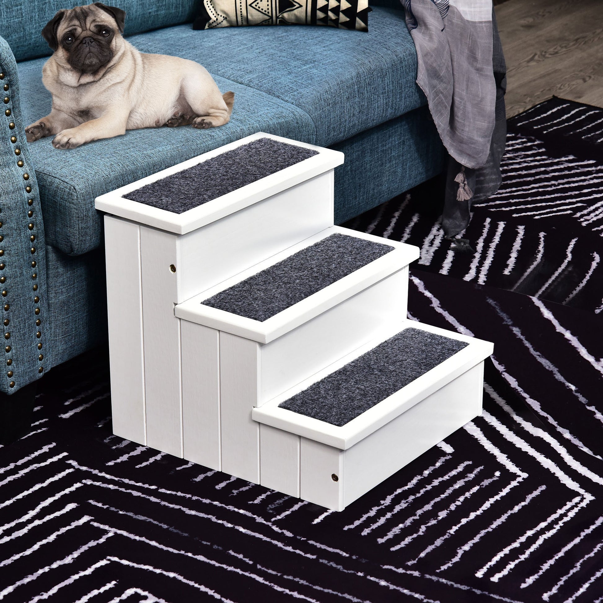 Pet Steps 3-Step Dog Stairs for Small Dogs Cats and Wooden Ramp with Storage Box Carpet Tread, White