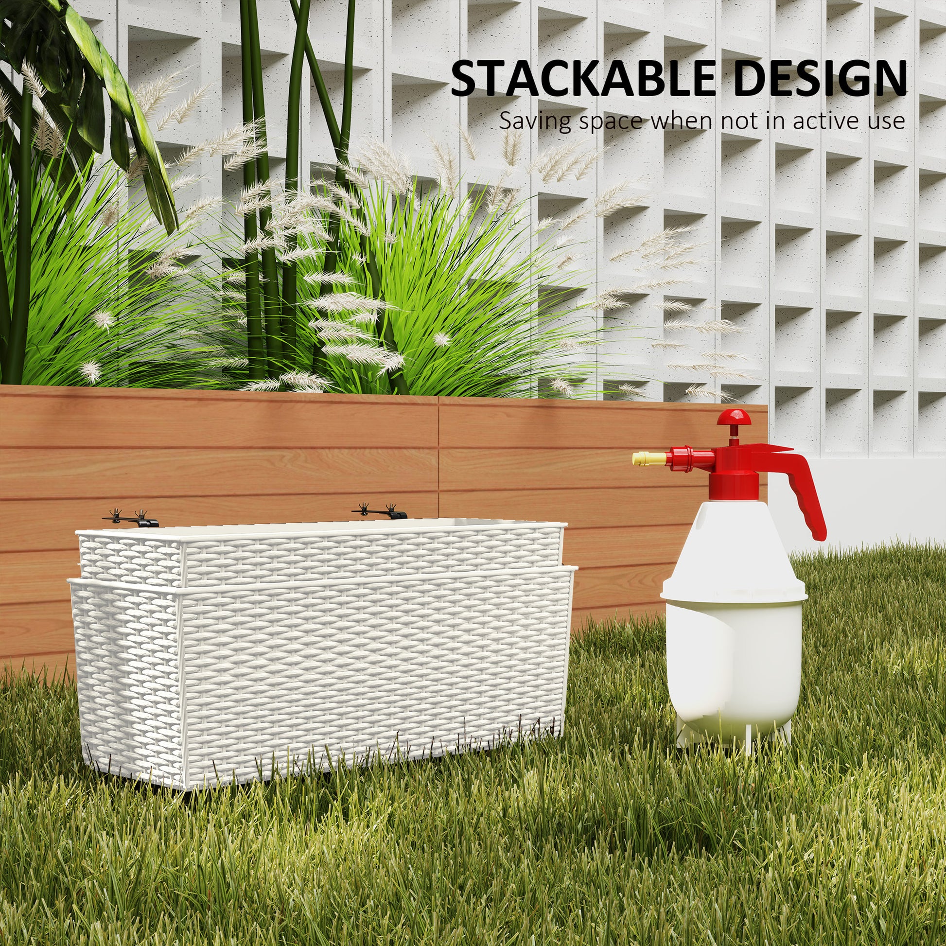 2 Pack 20 Inch Hanging Flower Pots, Railing Planter Box for Fence, Garden, Rattan Look, White
