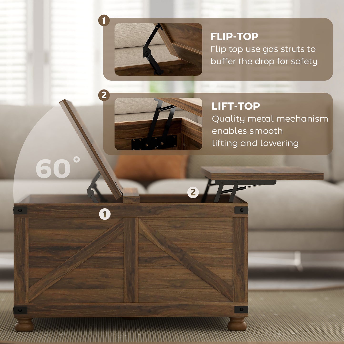 Coffee Table with Lift Top, 32" Farmhouse Center Table with Hidden Compartment for Living Room, Brown Wood Grain