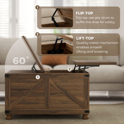 Coffee Table with Lift Top, 32" Farmhouse Center Table with Hidden Compartment for Living Room, Brown Wood Grain