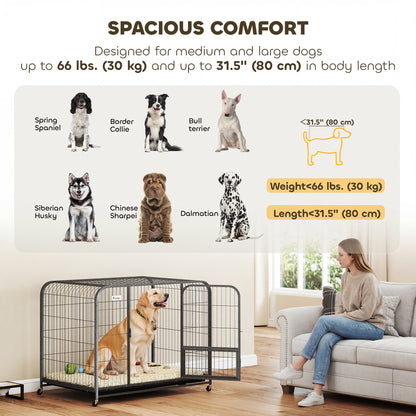 43 Inch Heavy Duty Dog Crate, Extra Large Metal Dog Cage with Lockable Wheels and Removable Tray
