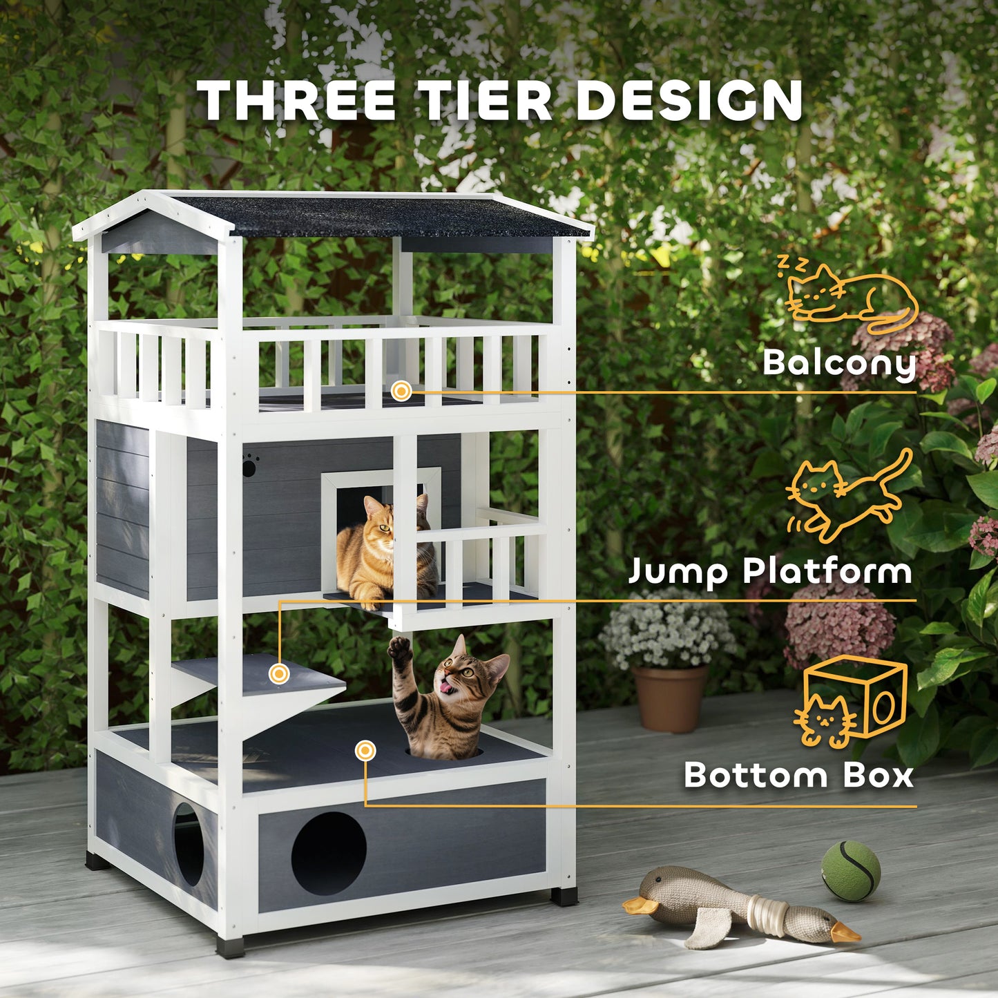 4-Floor Wood Outdoor Cat House Catio for Cats with Condo, Fun Entrances, Perch, Grey