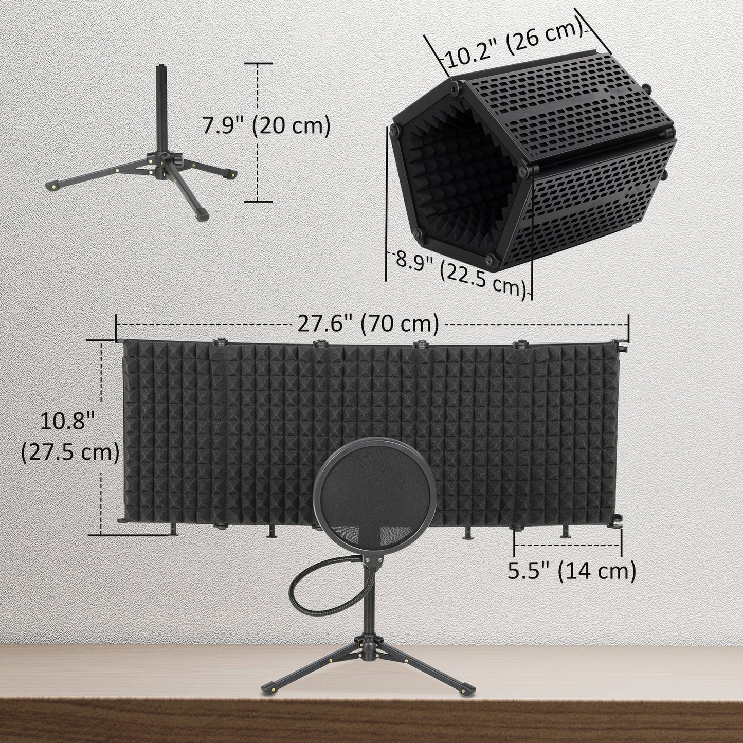 Foldable Studio Recording Microphone Isolation Shield with Pop Filter, Stand, 3/8" Threaded Mount, Black
